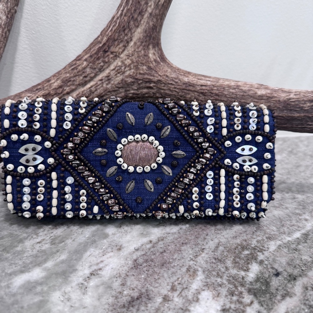 Moyna Beaded  Clutch Navy Blue Silk Cotton Tribal Boho Evening Bag Handcrafted